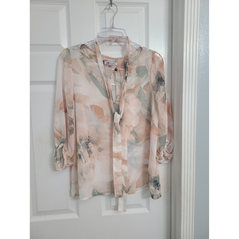 Jennifer Lopez tie-neck watercolor blouse is a flowy, lightweight top sz PM